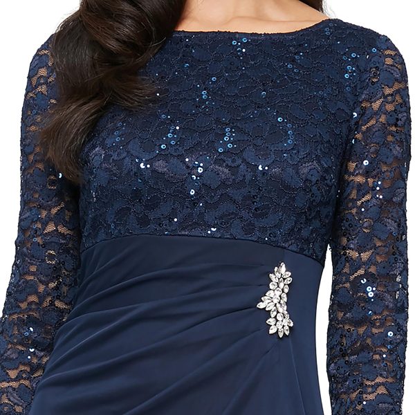Women's Long Mother of The Bride Dress with Stretch Lace Bodice & Hip Embellishment (Petite and Regular Sizes)