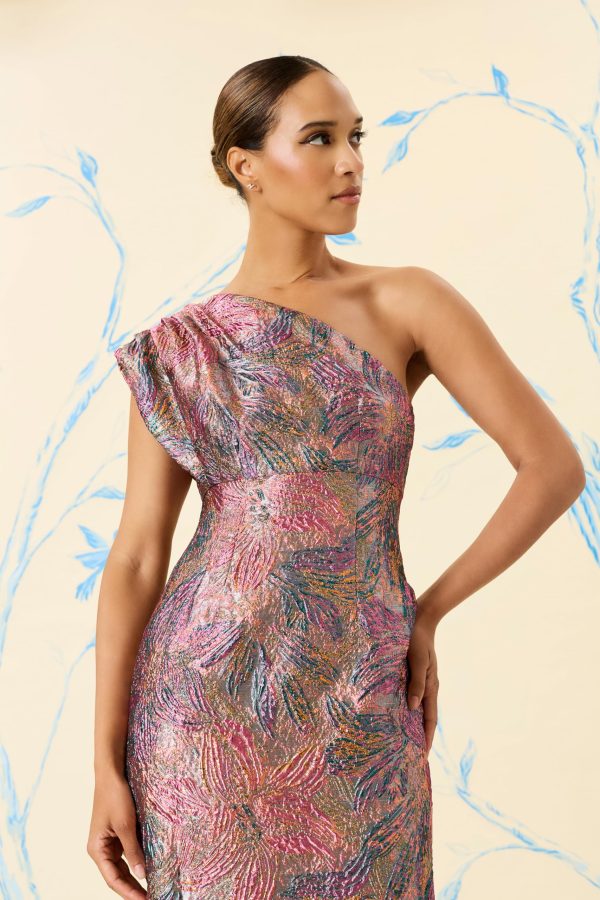 Women's One Shoulder Metallic Jacquard Evening Fitted Special Occasion Cocktail Dress