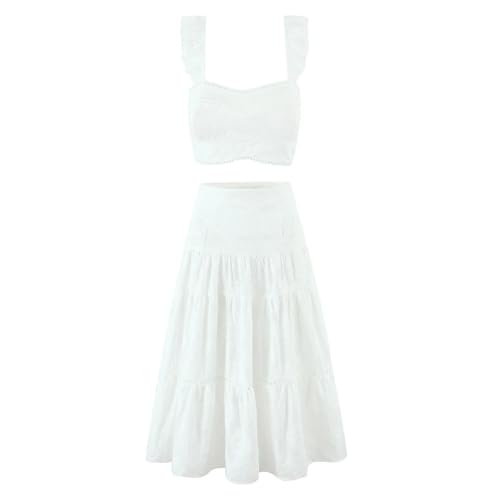 Women's Boho Maxi Set - White Embroidered Lace Strap Tank & Tiered Ruffle Cake Skirt with Elastic Waist