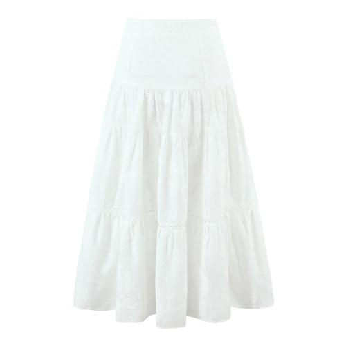 Women's Boho Maxi Set - White Embroidered Lace Strap Tank & Tiered Ruffle Cake Skirt with Elastic Waist