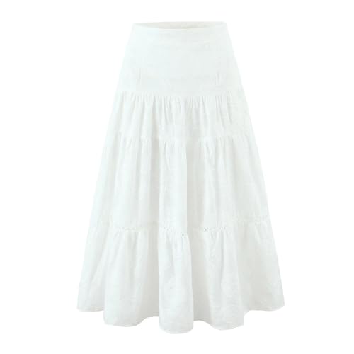 Women's Boho Maxi Set - White Embroidered Lace Strap Tank & Tiered Ruffle Cake Skirt with Elastic Waist