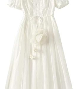 Women’s Dress Solid Color Summer Short Sleeve Casual Skirt Ruffled Collar Midi Length A-Line Lace Up Dresses