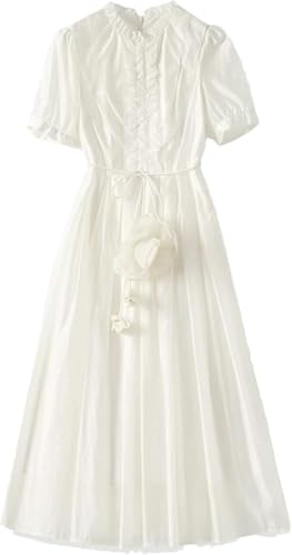 Women’s Dress Solid Color Summer Short Sleeve Casual Skirt Ruffled Collar Midi Length A-Line Lace Up Dresses