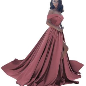 Off Shoulder Satin Prom Dresses Ball Gown Plus Size Formal Dresses for Women Wedding Dress with Slit