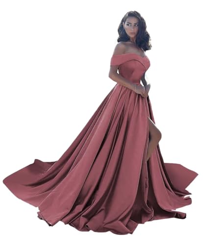 Off Shoulder Satin Prom Dresses Ball Gown Plus Size Formal Dresses for Women Wedding Dress with Slit
