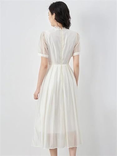 Women’s Dress Solid Color Summer Short Sleeve Casual Skirt Ruffled Collar Midi Length A-Line Lace Up Dresses