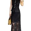 Women's Elegant Solid Color Embroidery Lace 2 Pieces Sets O Neck Sleeveless Tank Top and A Line High Waist Skirt Suits