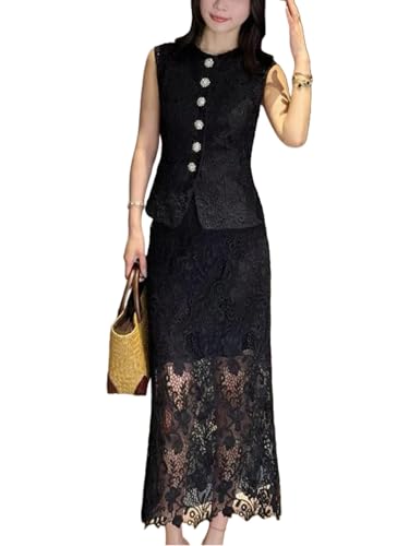 Women's Elegant Solid Color Embroidery Lace 2 Pieces Sets O Neck Sleeveless Tank Top and A Line High Waist Skirt Suits