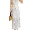 Women's Elegant Solid Color Embroidery Lace 2 Pieces Sets O Neck Sleeveless Tank Top and A Line High Waist Skirt Suits