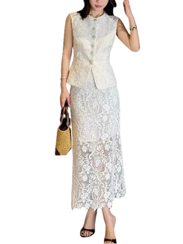 Women's Elegant Solid Color Embroidery Lace 2 Pieces Sets O Neck Sleeveless Tank Top and A Line High Waist Skirt Suits