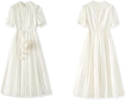 Women’s Dress Solid Color Summer Short Sleeve Casual Skirt Ruffled Collar Midi Length A-Line Lace Up Dresses