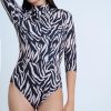 Women’s Modest Rash Guard One Piece Swimsuit with Soft Cups Front Zipper and 3/4 Sleeves Swim Wear Must Have