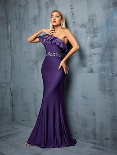 Women's Embroidery Fishtail Skirt Ruffled Sloping Shoulder Maxi Dress Elegant Party Wedding Evening Dresses