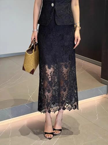 Women's Elegant Solid Color Embroidery Lace 2 Pieces Sets O Neck Sleeveless Tank Top and A Line High Waist Skirt Suits