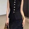 Women's Elegant Solid Color Embroidery Lace 2 Pieces Sets O Neck Sleeveless Tank Top and A Line High Waist Skirt Suits