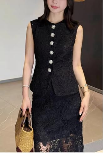 Women's Elegant Solid Color Embroidery Lace 2 Pieces Sets O Neck Sleeveless Tank Top and A Line High Waist Skirt Suits