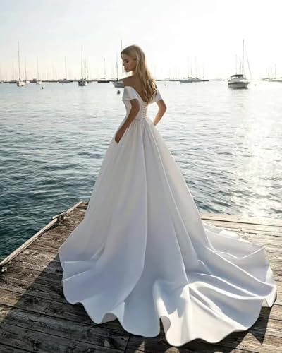 Off Shoulder Satin Prom Dresses Ball Gown Plus Size Formal Dresses for Women Wedding Dress with Slit
