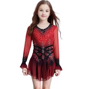 Girl's Red Long Sleeved Ice Figure Skating Dress with Sparkling Rhinestones Decoration Elegant Figure Skating Skirt