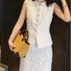 Women's Elegant Solid Color Embroidery Lace 2 Pieces Sets O Neck Sleeveless Tank Top and A Line High Waist Skirt Suits