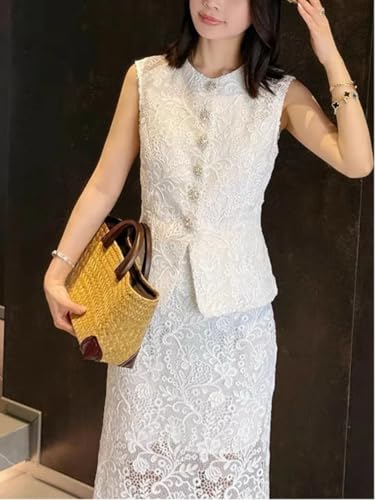 Women's Elegant Solid Color Embroidery Lace 2 Pieces Sets O Neck Sleeveless Tank Top and A Line High Waist Skirt Suits