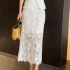 Women's Elegant Solid Color Embroidery Lace 2 Pieces Sets O Neck Sleeveless Tank Top and A Line High Waist Skirt Suits