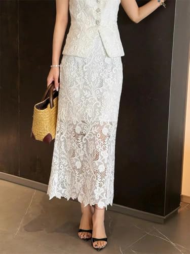 Women's Elegant Solid Color Embroidery Lace 2 Pieces Sets O Neck Sleeveless Tank Top and A Line High Waist Skirt Suits