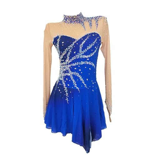 Girls and Adults Blue Long Sleeve Figure Skating Dresses Professional Customized Competition Costumes