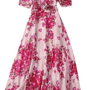 Women’s Dresses V-Neck Floral Print Summer Lace Up Casual Skirt Short Sleeve A-Line Midi Dress for Vacation