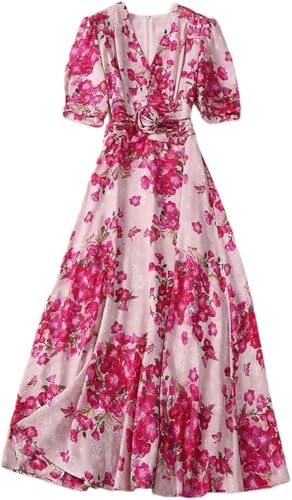 41aCzABI95L.jpg Women’s Dresses V-Neck Floral Print Summer Lace Up Casual Skirt Short Sleeve A-Line Midi Dress for Vacation