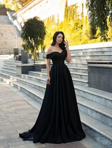 Off Shoulder Satin Prom Dresses Ball Gown Plus Size Formal Dresses for Women Wedding Dress with Slit