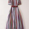 Women’s Dresses Striped Square Collar Summer Casual Skirt Short Sleeve Midi Holiday with Belt Dress for Vacation