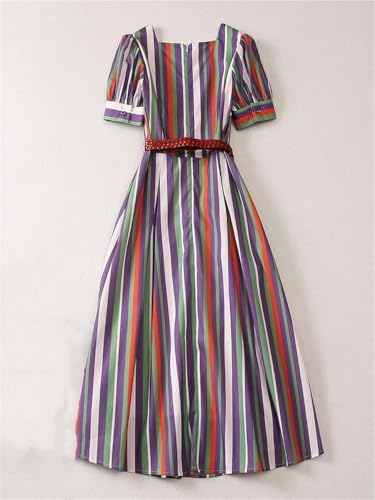 41eAgCHMlNL.jpg Women’s Dresses Striped Square Collar Summer Casual Skirt Short Sleeve Midi Holiday with Belt Dress for Vacation
