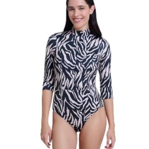 Women’s Modest Rash Guard One Piece Swimsuit with Soft Cups Front Zipper and 3/4 Sleeves Swim Wear Must Have