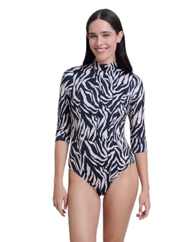 Women’s Modest Rash Guard One Piece Swimsuit with Soft Cups Front Zipper and 3/4 Sleeves Swim Wear Must Have