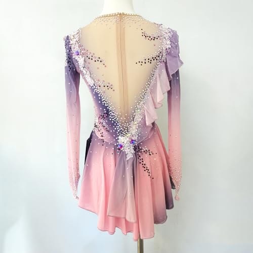 Girls Pink Grey Long Sleeve Figure Skating Skirt Shining Professional Customized Competition Costume