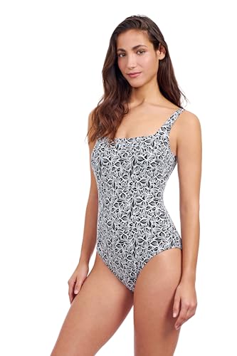 Plumeria Textured Leafy Print Versatile & Stylish Women’s Square Neck One Piece Bathing Suit Swim Essential