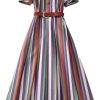 Women’s Dresses Striped Square Collar Summer Casual Skirt Short Sleeve Midi Holiday with Belt Dress for Vacation