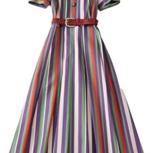Women’s Dresses Striped Square Collar Summer Casual Skirt Short Sleeve Midi Holiday with Belt Dress for Vacation