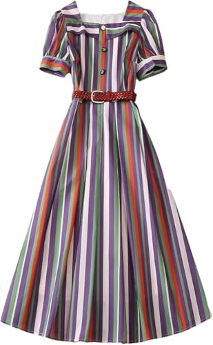 41v5E2BuROL.jpg Women’s Dresses Striped Square Collar Summer Casual Skirt Short Sleeve Midi Holiday with Belt Dress for Vacation