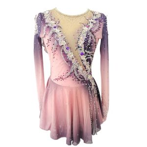 Girls Pink Grey Long Sleeve Figure Skating Skirt Shining Professional Customized Competition Costume