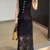 Women's Elegant Solid Color Embroidery Lace 2 Pieces Sets O Neck Sleeveless Tank Top and A Line High Waist Skirt Suits
