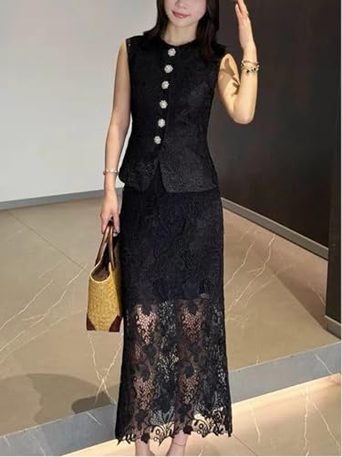 Women's Elegant Solid Color Embroidery Lace 2 Pieces Sets O Neck Sleeveless Tank Top and A Line High Waist Skirt Suits
