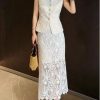 Women's Elegant Solid Color Embroidery Lace 2 Pieces Sets O Neck Sleeveless Tank Top and A Line High Waist Skirt Suits