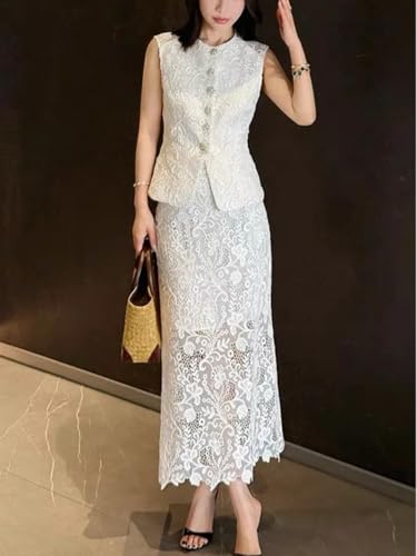 Women's Elegant Solid Color Embroidery Lace 2 Pieces Sets O Neck Sleeveless Tank Top and A Line High Waist Skirt Suits