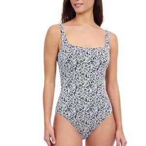 Plumeria Textured Leafy Print Versatile & Stylish Women’s Square Neck One Piece Bathing Suit Swim Essential