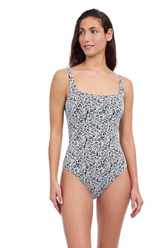 Plumeria Textured Leafy Print Versatile & Stylish Women’s Square Neck One Piece Bathing Suit Swim Essential