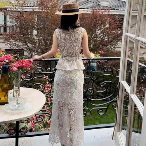 Women's Elegant Solid Color Embroidery Lace 2 Pieces Sets O Neck Sleeveless Tank Top and A Line High Waist Skirt Suits