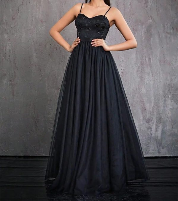 Elegant Sweetheart Neck Spaghetti Strap Long Skirt Summer Lace Patchwork Camisole A-Line Dress Formal Cocktail Evening Gown